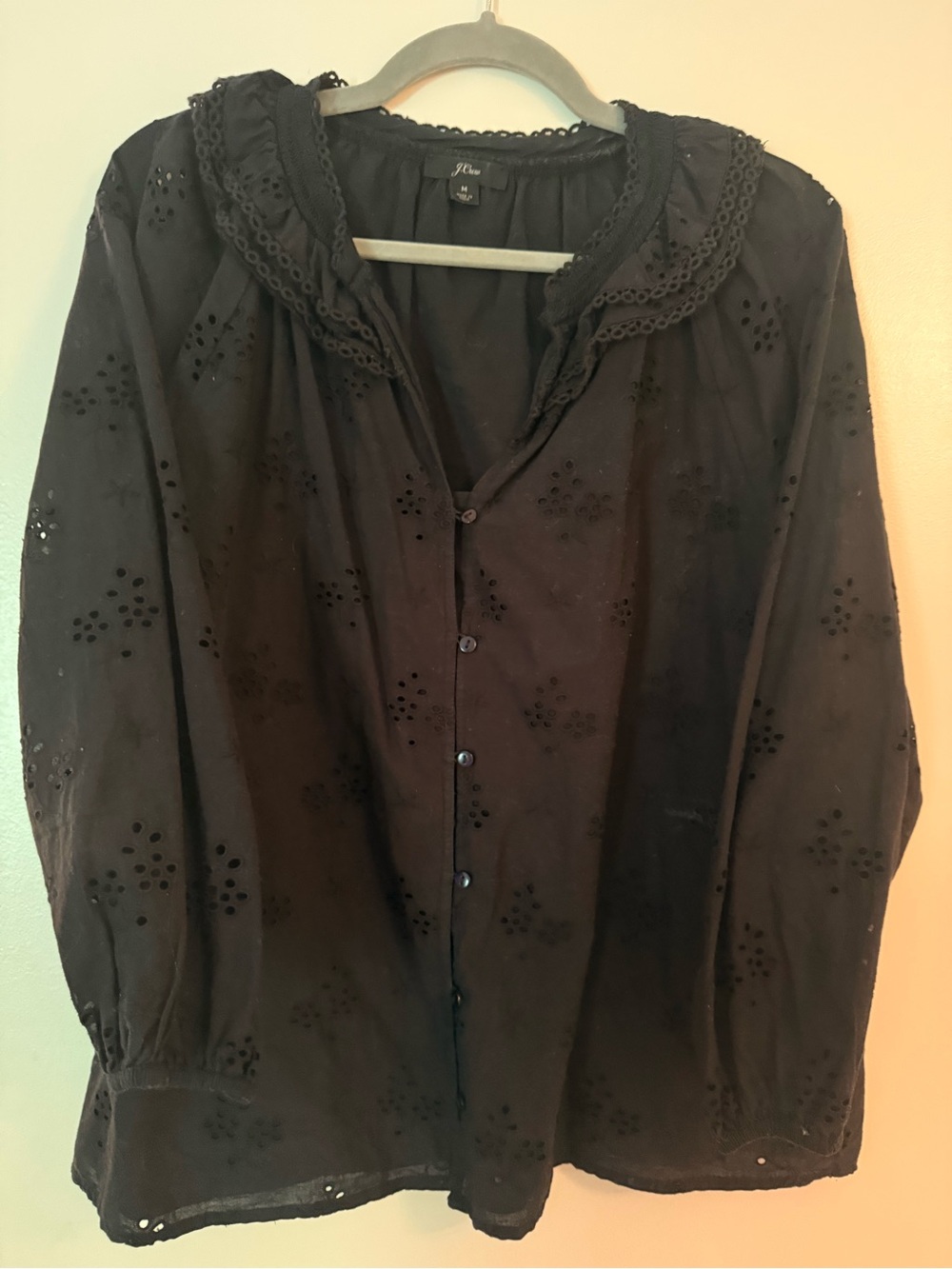 J. Crew Black Eyelet Blouse with Scalloped Trim